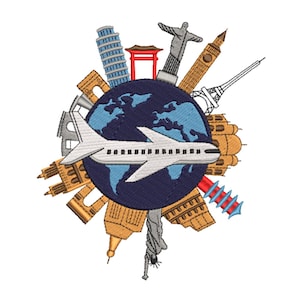 Puede incluir: Diseño bordado de un avión blanco que vuela alrededor de un globo azul con continentes. Monumentos icónicos como la Torre Eiffel, el Big Ben y la Estatua de la Libertad rodean el globo, sugiriendo viajes y exploración global.