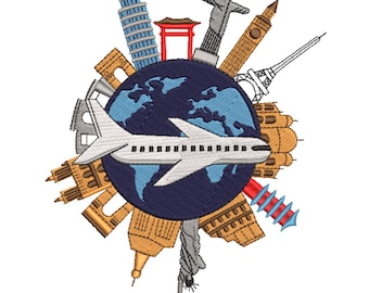 World Travel Plane – Landmark Embroidery Design