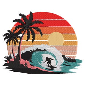 May include: Embroidered design featuring a surfer riding a wave, palm trees, and a sunset. The design includes a red, orange, and yellow sunset, with a surfer silhouetted against the wave. The palm trees are black.