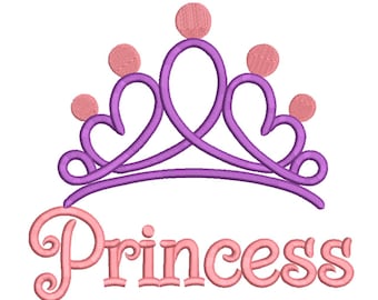 Princess Tiara Embroidery Design – Purple Crown, Pink Text, Kids Apparel