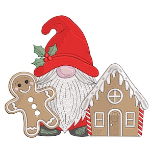 以下が含まれることがあります： 赤い帽子、白いひげ、ピンクの鼻をしたクリスマスのノームと、ジンジャーブレッドマンと、白いアイシングと赤と白のストライプのアクセントが付いたジンジャーブレッドハウスが刺繍されたデザイン。ノームにはヒイラギの葉があります。