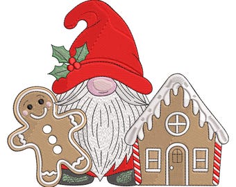 Diseño de bordado de gnomo y casa de jengibre: archivo de máquina para decoración navideña