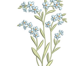 May include: Embroidered floral design featuring light blue forget-me-nots with yellow centres and green stems and leaves. The delicate flowers are clustered along slender stems, creating a graceful, botanical illustration.