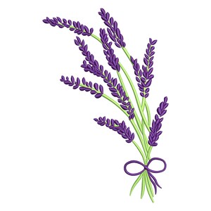 Könnte beinhalten: Digitales Stickdesign eines Lavendelstraußes. Das Bild zeigt lila Lavendelblüten mit grünen Stielen und Blättern, gebunden mit einer lila Schleife. Das Design befindet sich auf weißem Hintergrund.