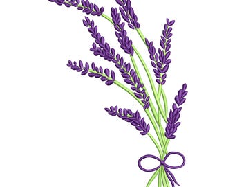 Disegno da ricamo con bouquet di lavanda: motivo floreale con nastro viola