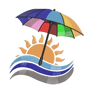 以下が含まれることがあります： 虹色のキャノピーが付いたカラフルな傘の刺繍デザイン。 傘は、様式化されたオレンジ色の太陽と青と灰色の波の上に配置され、ビーチまたは海辺のテーマを作成します。