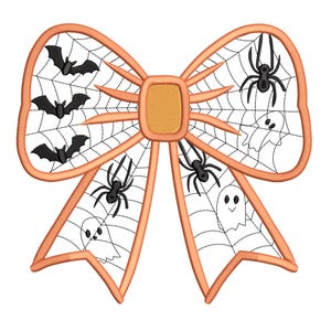 May include: A Halloween-themed bow with an orange outline, featuring a spider web design. Black spiders, bats, and ghosts are scattered across the web. The bow's centre is a lighter orange colour, creating a festive and spooky design.