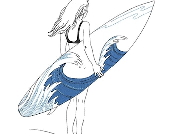 Ragazza surfista con le onde – Disegno per ricamo a macchina da spiaggia