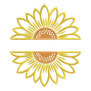 May include: A split sunflower design with a yellow outline and a tan center. The sunflower is divided horizontally, creating space for text or personalization. The design is suitable for embroidery or digital art projects.