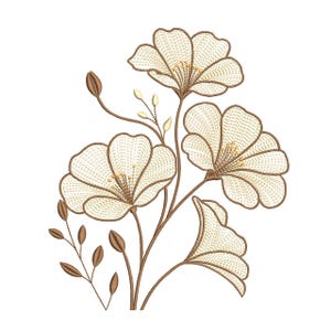 Op de afbeelding: Een borduurontwerp met drie grote, lichtbeige bloemen met bruine omlijningen en gedetailleerd stikwerk. Het bloemstuk bevat dunne bruine stengels, verschillende kleine gesloten knoppen en delicate bloemblaadjes met zichtbare texturen.
