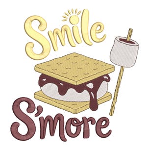 May include: An embroidered design featuring a s'more with melted chocolate and a marshmallow on a stick. The words "Smile S'more" are written in gold and brown script, with a small sun graphic.
