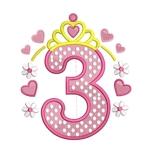 May include: A pink number 3 with white polka dots, surrounded by hearts, flowers, and a yellow and pink crown. The design is embroidered, perfect for a birthday celebration or craft project.