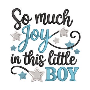 May include: A white background with the phrase "So much Joy in this little BOY" in black and teal script. The design includes star accents in teal and silver.