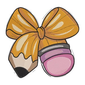 Pencil and Bow Embroidery Design, Cute School Supply Machine Embroidery File, Back to School Ribbon Stitch Pattern