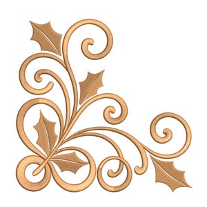 Può includere: Un design angolare dorato con foglie di agrifoglio e viticci a spirale. L'elemento decorativo ha un aspetto tridimensionale, con trame dettagliate e una tonalità calda. Perfetto per creazioni e design festivi.
