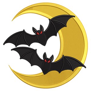 May include: Embroidered design featuring two black bats with red eyes in front of a gold crescent moon. The bats have detailed wing patterns. The moon has a textured, stitched appearance, suitable for Halloween or gothic themes.