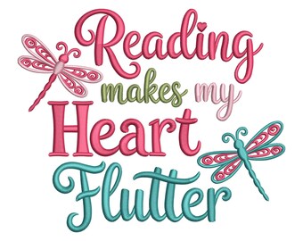 Dragonfly Embroidery Design: Reading Makes My Heart Flutter (Digital Download)