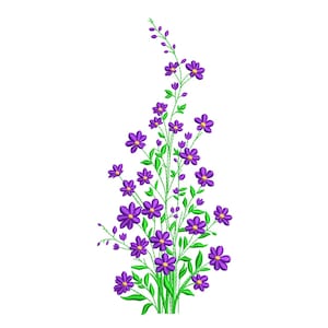 Puede incluir: Diseño floral bordado con flores moradas con centros amarillos y hojas verdes. Las flores están dispuestas sobre tallos verdes, creando un delicado y detallado patrón botánico. El diseño está sobre un fondo blanco.