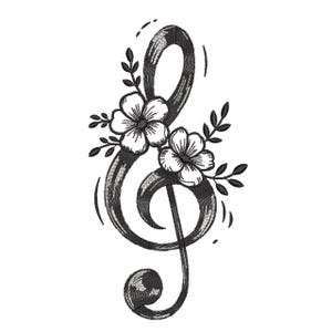 May include: Black and white illustration of a treble clef decorated with flowers and leaves. The musical symbol is stylized with brushstroke texture, and the flowers are detailed with delicate petals.