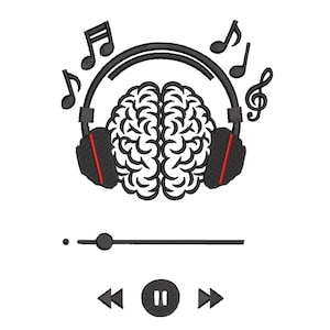 May include: Black and white embroidered design featuring a brain wearing headphones with red accents. Musical notes surround the headphones. Below the headphones are media control icons, including play, pause, and skip buttons.