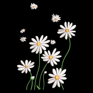 May include: A digital illustration of white daisies with yellow centers and green stems against a black background. The daisies vary in size and are arranged to appear as if they are floating or blowing in the wind. The image has a clean, modern aesthetic.
