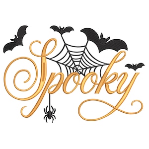 May include: A gold-coloured script word "Spooky" with a spider, bats, and a spiderweb. The word "Spooky" is in a cursive font. The bats and spiderweb are black. The spider is hanging from the letter "S".