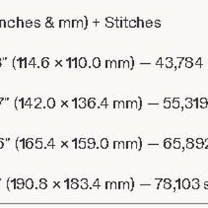 Puede incluir: Una tabla titulada Sizes (inches & mm) + Stitches que enumera cuatro dimensiones de bordado: 114,6 x 110,0 mm (43,784 puntadas), 142,0 x 136,4 mm (55,319 puntadas), 165,4 x 159,0 mm (65,892 puntadas) y 190,8 x 183,4 mm (78,103 puntadas).
