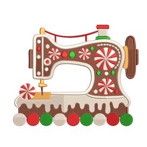 May include: A whimsical embroidery design of a gingerbread sewing machine. The machine is brown with white icing details, red and white peppermint candies, and green and red accents. The base features a row of colorful candies.