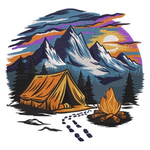 Mountain Camping Embroidery Design – Tent, Campfire & Snowy Peaks Outdoor machine embroidery file