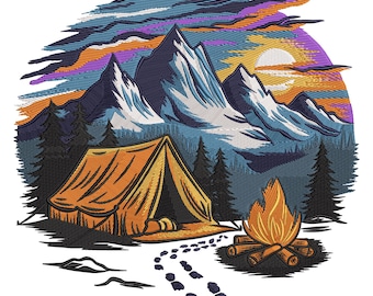 Mountain Camping Embroidery Design – Tent, Campfire & Snowy Peaks Outdoor machine embroidery file