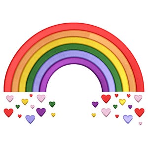 May include: A colorful rainbow design with red, orange, yellow, green, blue, and purple arches. Below the rainbow are scattered hearts in various colors, including red, pink, yellow, green, and purple. The design is set against a white background.