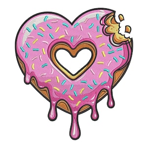 May include: A heart-shaped donut with pink frosting and colorful sprinkles. The donut has a heart-shaped hole in the center and a bite taken out of the top right. The frosting drips down the sides.