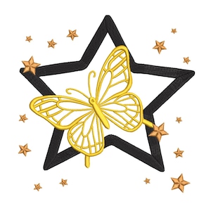 May include: An embroidery design featuring a large black outlined star with a yellow butterfly positioned in the center. The butterfly has detailed wing veins and is surrounded by several small, solid gold-colored stars scattered around.