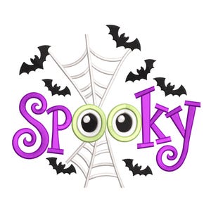 May include: A Halloween-themed design featuring the word "Spooky" in purple, stylized with a spider web, cartoon eyes, and black bat silhouettes. The eyes are green with black pupils, and the bats are scattered around the design.