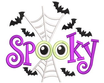 Diseño de bordado de palabras de Halloween espeluznante: murciélagos, telaraña y letras con forma de globo ocular