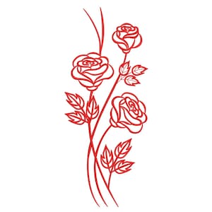 May include: A red line drawing of roses and leaves against a white backdrop. The design shows three roses at various stages of bloom, with detailed petals and stems. The leaves are also outlined in red.