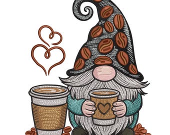 Diseño de bordado de gnomo de café: gorro de café (PES, DST, EXP)