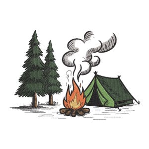 May include: An embroidery design featuring two dark green pine trees, a campfire with orange and yellow flames, and a green tent with a dark entrance. Above the fire, stylized grey smoke swirls upward against a plain white background.