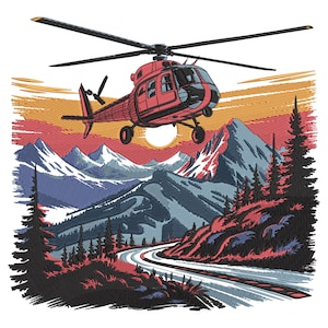 Może przedstawiać: Czerwony helikopter leci nad pasmem górskim z krętą drogą. Ilustracja przedstawia zachód słońca z pomarańczowymi, czerwonymi i żółtymi odcieniami. Góry są niebieskie i białe, a drzewa ciemnozielone.