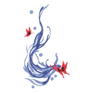 Pode incluir: Um desenho bordado com duas borboletas vermelhas com detalhes pretos e um padrão abstrato azul fluindo. O desenho inclui pequenos círculos azuis, tudo sobre um fundo branco. O estilo lembra uma aquarela.