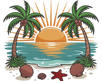 May include: Embroidered beach scene featuring a sunset over the ocean, palm trees, seashells, and a starfish. The sun is orange with yellow rays, and the water is teal. The palm trees have green fronds and brown trunks.