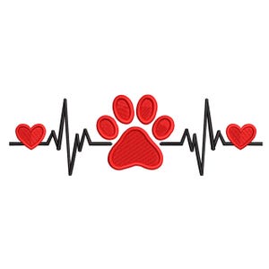 Könnte beinhalten: Gesticktes Design mit einem roten Pfotenabdruck und zwei roten Herzen, die durch eine schwarze Herzschlaglinie verbunden sind. Das Design befindet sich auf weißem Hintergrund. Der Pfotenabdruck befindet sich in der Mitte, mit einem Herz auf jeder Seite.