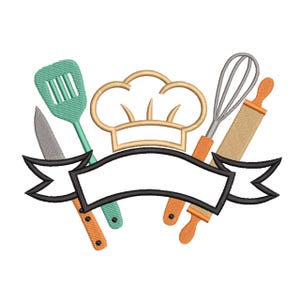 May include: An embroidered design featuring a chef's hat, a whisk, a rolling pin, a spatula, a knife, and a banner. The chef's hat is gold, the spatula is teal, and the rolling pin is tan. The banner is white with a black outline.