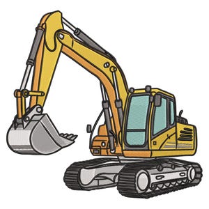 May include: Embroidered image of a yellow excavator with a gray bucket and black treads. The construction vehicle has a detailed design with black outlines and a clear window. The excavator is a heavy equipment machine.