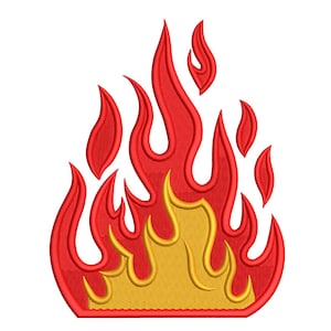 May include: Embroidered patch featuring a stylized flame design. The flames are primarily red with yellow accents at the base, creating a vibrant and dynamic visual effect. The patch is likely for apparel or accessories.