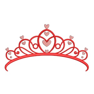 Puede incluir: Un diseño de tiara roja con detalles en forma de corazón. La tiara presenta una base curva con una serie de líneas onduladas y adornos en forma de corazón. Los corazones están rellenos con un patrón texturizado.