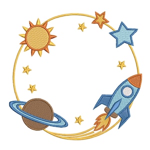 May include: Embroidered space-themed design featuring a yellow sun, stars, a planet with rings, and a blue rocket with orange flames. The elements are arranged within a gold circular frame, perfect for a space-themed project.