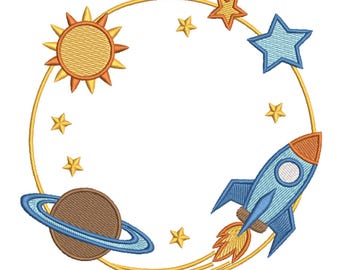 Space Rocket Frame – Stars & Planets Embroidery Design