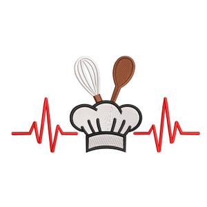 Può includere: Un ricamo raffigurante un cappello da chef, una frusta e un cucchiaio di legno. Una linea rossa a forma di battito cardiaco attraversa l'immagine. Il cappello da chef è bianco con un bordo nero, la frusta e il cucchiaio sono marroni.