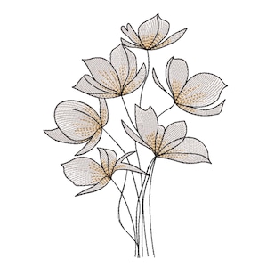 以下が含まれることがあります： 繊細な薄い色の花びらと金色の中心を持つ、様式化された花を特徴とする花のデザイン。 花は黒で縁取られ、白い背景に細い黒い茎に配置されています。 デザインは刺繍またはスケッチの外観をしています。